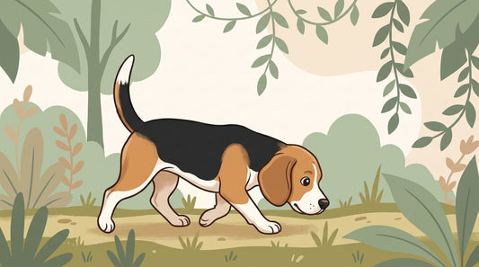 Tricolor Beagle sniffing along a grassy path