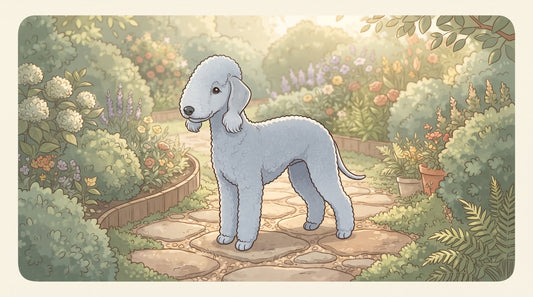 Blue Bedlington Terrier standing on a garden path