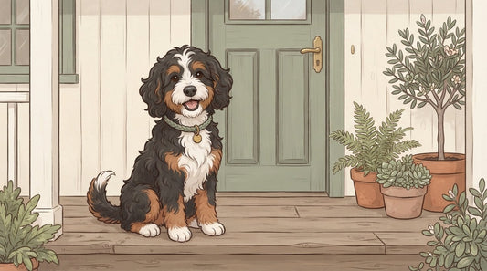 Tricolor Bernedoodle with wavy coat sitting on a porch