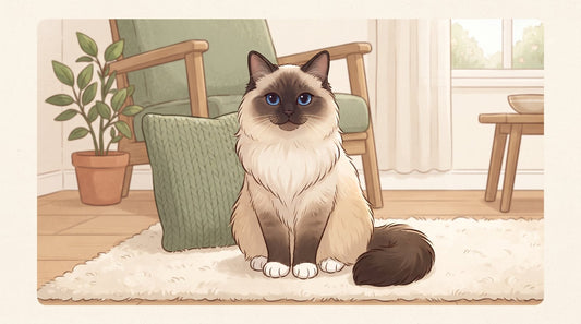 Seal point Birman cat with white paws sitting on a rug