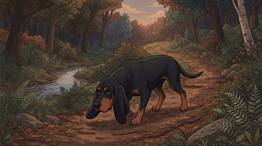 Black and Tan Coonhound trailing along a forest path at dusk