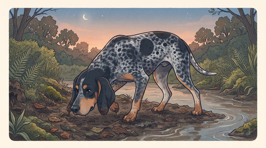 Blue-ticked Bluetick Coonhound trailing along a muddy creek bank at dusk