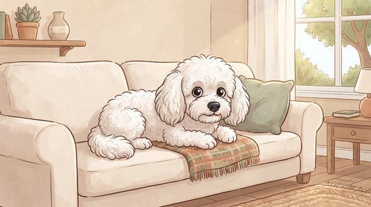 White Bolognese resting on a sofa