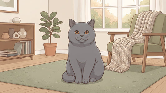 Blue British Shorthair cat sitting on a rug