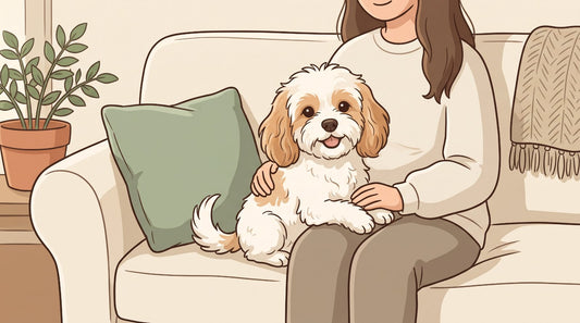 White and apricot Cavachon sitting on its owner's lap