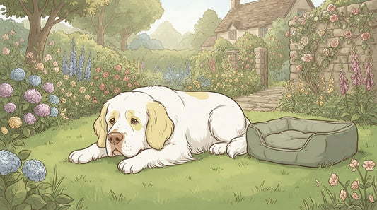 White and lemon Clumber Spaniel lying in an English garden