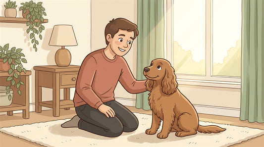 Owner kneeling beside a floppy-eared dog by a sunny window