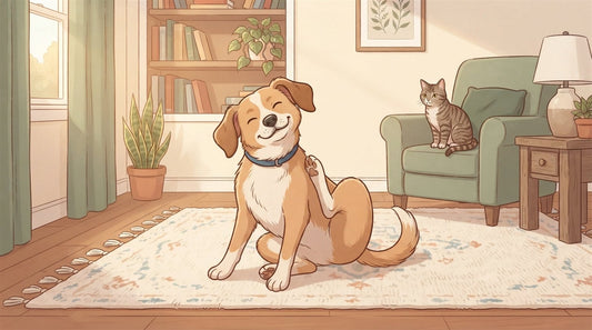 Dog with floppy ears pausing mid-scratch while a cat watches