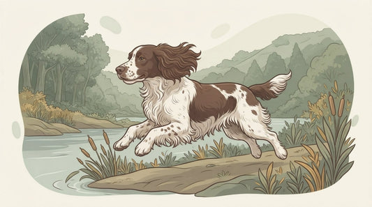 English Springer Spaniel with feathered ears running along a riverbank