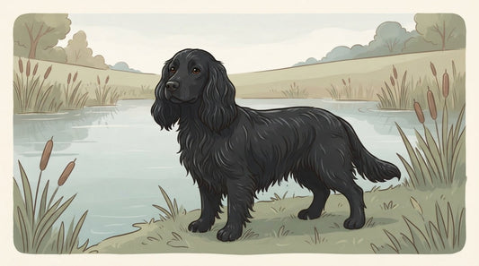 Black Field Spaniel standing at the edge of a pond