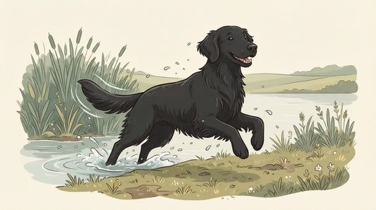 Black Flat-Coated Retriever bounding out of a lake