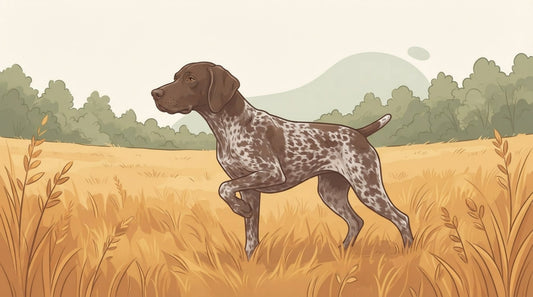 German Shorthaired Pointer on point in a grassy field