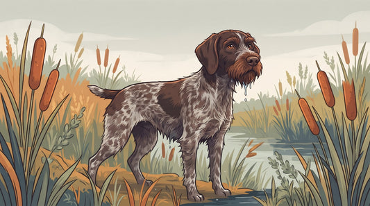 Liver and white roan German Wirehaired Pointer at the edge of a marsh