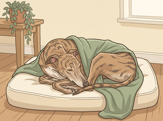 Brindle Greyhound with folded rose ears relaxing on a dog bed