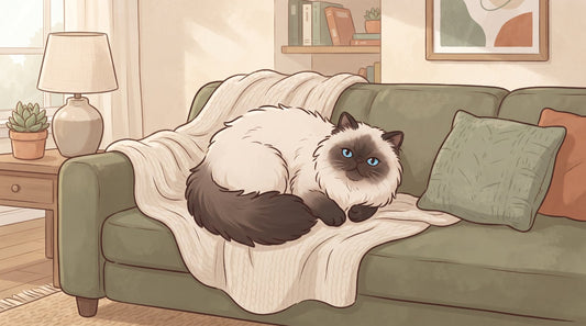 Seal point Himalayan cat resting on a sofa