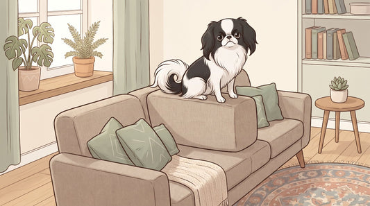 Black and white Japanese Chin perched on a sofa