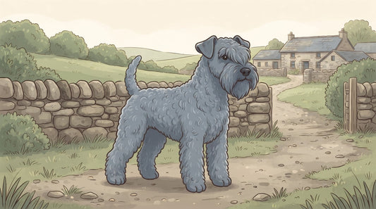 Blue-gray Kerry Blue Terrier standing in a farmyard