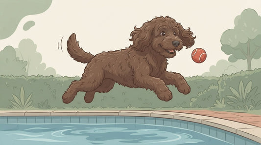 Chocolate Labradoodle leaping toward a pool