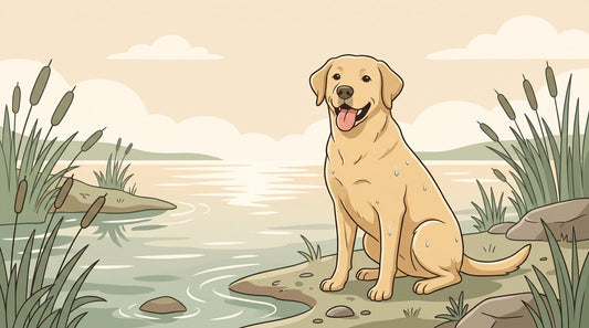 Yellow Labrador Retriever sitting by a lake after a swim