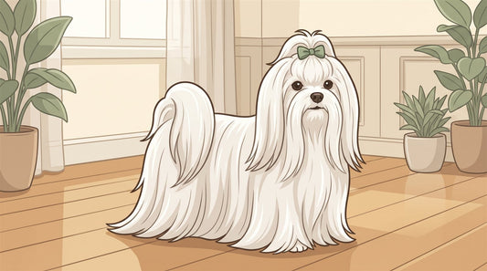White Maltese with a long silky coat and topknot