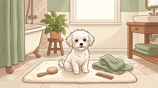 White Maltipoo sitting on a bath mat after grooming