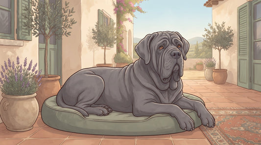Gray Neapolitan Mastiff lying on a porch