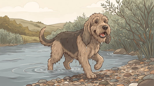Shaggy Otterhound wading out of a river