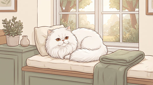 White Persian cat lounging on a window seat