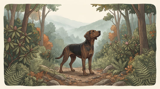 Brindle Plott Hound on a mountain forest trail