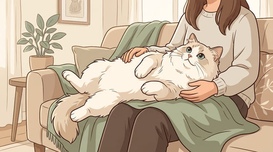 Cream and white Ragamuffin cat relaxing on its owner's lap