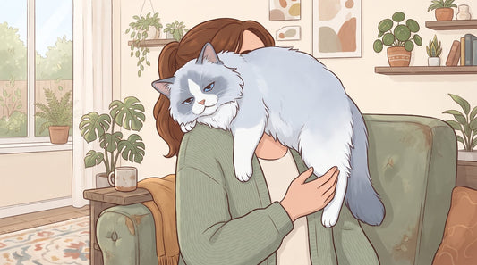 Blue bicolor Ragdoll cat relaxing over its owner's shoulder