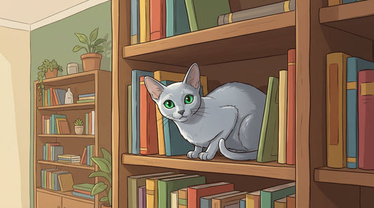 Russian Blue cat peeking out from a bookshelf