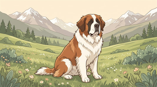 Long-haired Saint Bernard with heavy drop ears in a mountain meadow