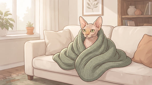 Sphynx cat wrapped in a blanket on a sofa