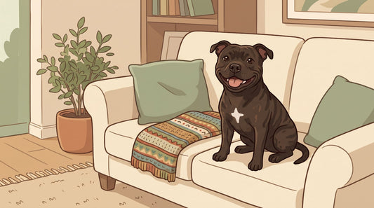 Brindle Staffordshire Bull Terrier smiling on a family sofa