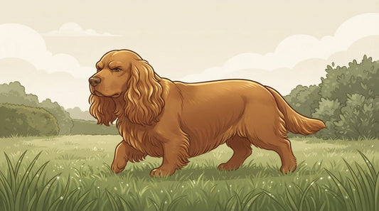 Golden-liver Sussex Spaniel walking through wet grass
