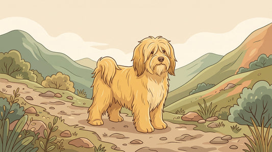 Golden Tibetan Terrier standing on a mountain trail