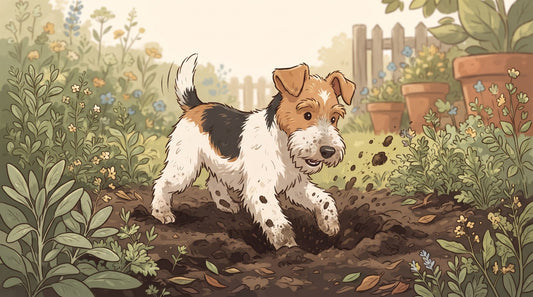 White Wire Fox Terrier digging in a garden