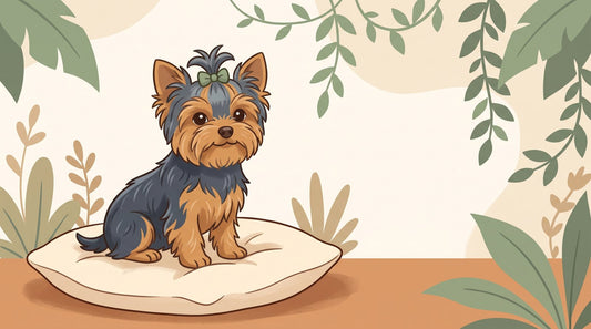 Yorkshire Terrier with small upright ears and a topknot