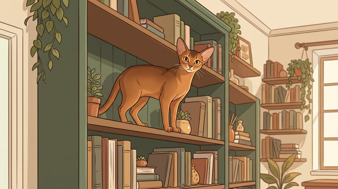 Ruddy Abyssinian cat on a high bookshelf