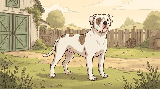 White American Bulldog standing in a sunny farmyard
