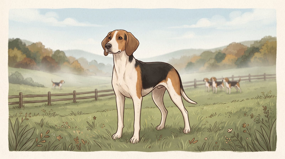 Tricolor American Foxhound standing in a misty pasture with its pack behind