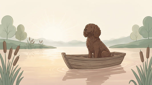Chocolate American Water Spaniel sitting in a small boat on a lake