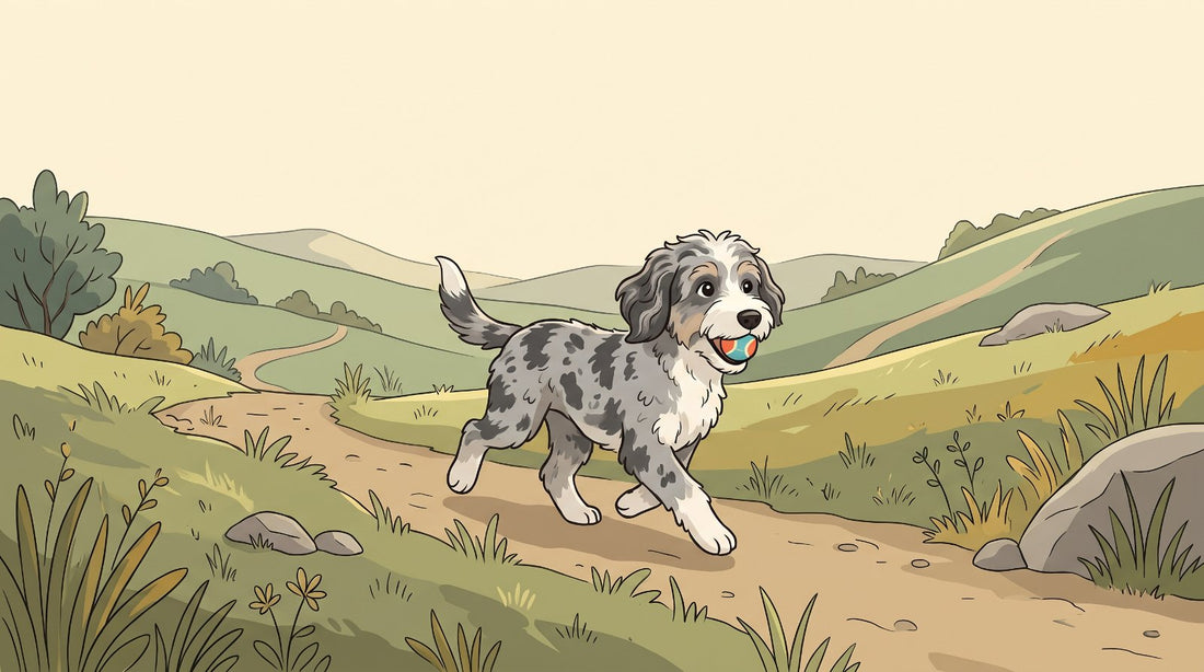 Blue merle Aussiedoodle running on a hiking trail