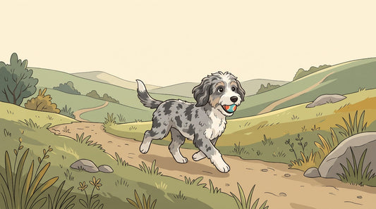 Blue merle Aussiedoodle running on a hiking trail