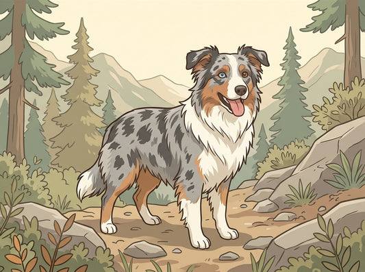 Blue merle Australian Shepherd on a mountain trail