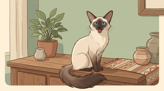 Seal point Balinese cat sitting on a sideboard with its plumed tail curled