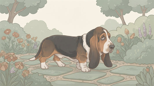 Tricolor Basset Hound with very long ears walking along a garden path