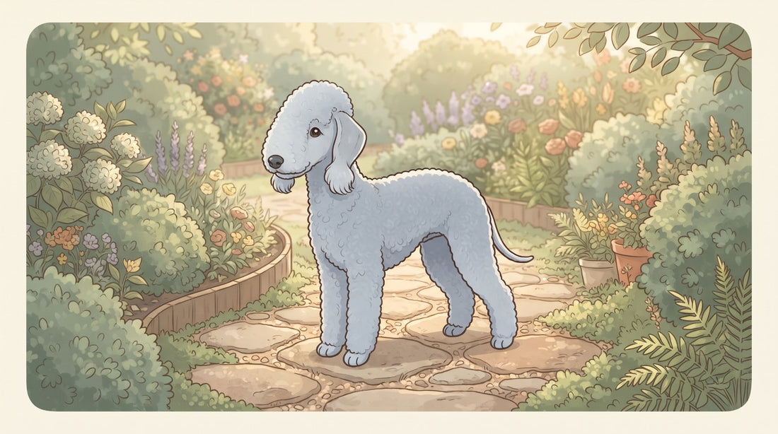 Blue Bedlington Terrier standing on a garden path