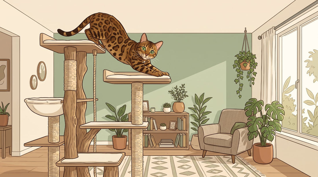 Spotted brown Bengal cat on top of a cat tree